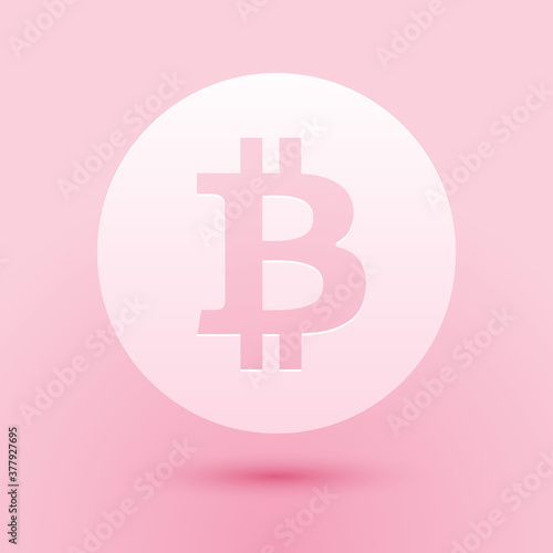 Paper cut Cryptocurrency coin Bitcoin icon isolated on pink background. Physical bit coin. Digital currency. Blockchain based secure crypto currency. Paper art style. Vector.
