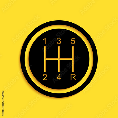 Black Gear shifter icon isolated on yellow background. Transmission icon. Long shadow style. Vector.