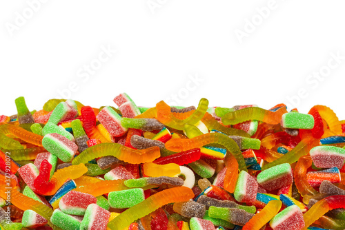 Assorted gummy candies. Top view. Jelly sweets background.