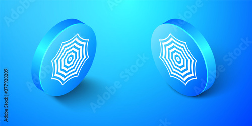 Isometric Sun protective umbrella fo beach icon isolated on blue background. Large parasol for outdoor space. Summer vacation or picnic accessory. Blue circle button. Vector.