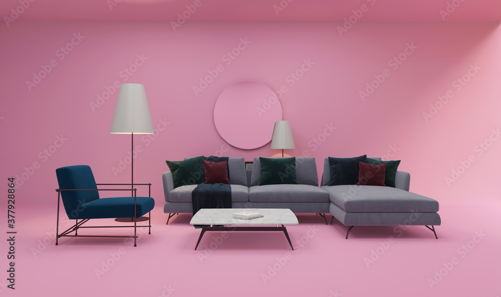 Modern living room with sofa set and armchair , coffee table , pink