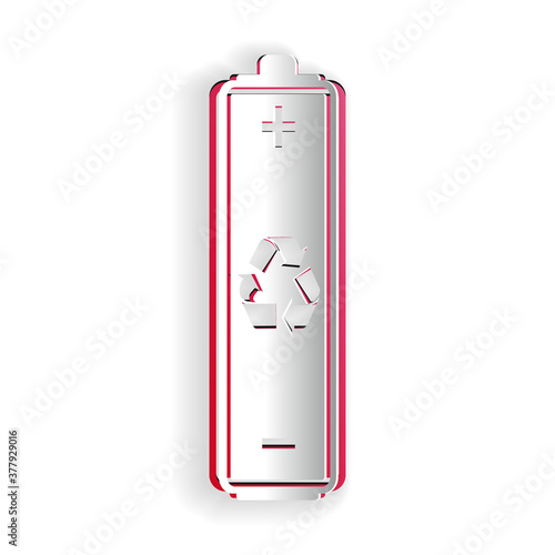 Paper cut Battery with recycle symbol icon isolated on white background. Battery with recycling symbol - renewable energy concept. Paper art style. Vector.