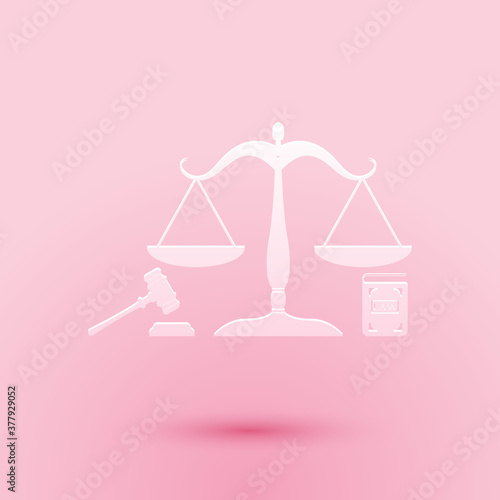 Paper cut Scales of justice, gavel and book icon isolated on pink background. Symbol of law and justice. Concept law. Legal law and auction symbol. Paper art style. Vector.