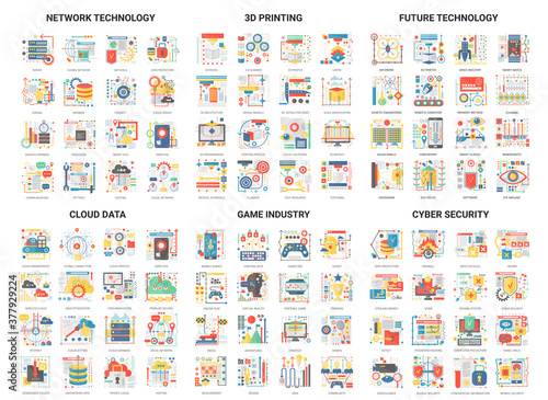 Complex concept flat icons vector illustration, modern design icon set future technology, smart city symbols, cloud data network tech security, 3d printing, tech video game industry icon