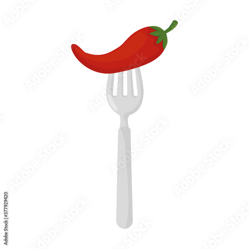 red chili pepper vegetable in fork on white background vector illustration design