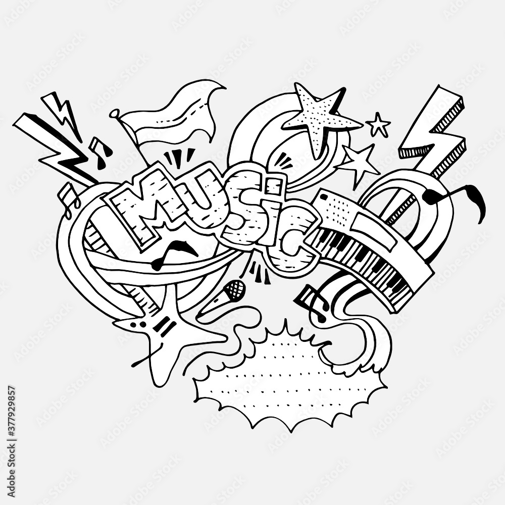 Music hand drawn cartoon doodles illustration.Music festival banner in black and white colors. Coloring book page. 