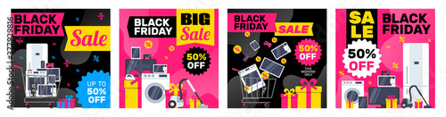 black friday sale electronics household appliances and gadgets square banners design set for social media photo