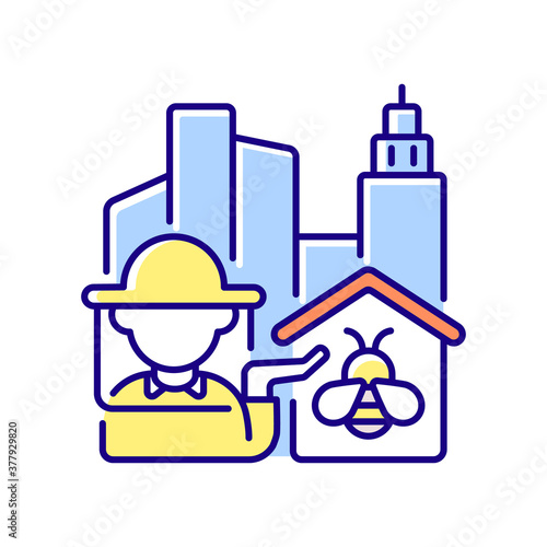 Urban beekeeping RGB color icon. Honey bee for honey production. Worker with insect. Agriculture business. Organic product. Professional beekeeper in city. Isolated vector illustration