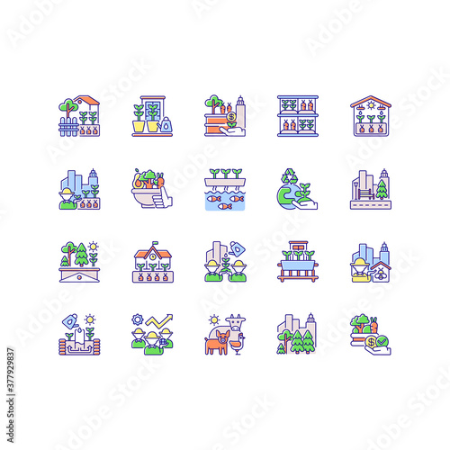 Urban farming RGB color icons set. Backyard garden. Environmental improvement. Street landscaping. Green roof. Vertical farm. Greenhouse vegetable cultivation. Isolated vector illustrations