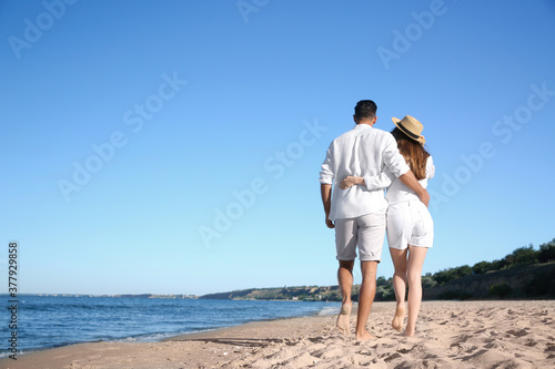 Lovely couple walking on beach, back view. Space for text