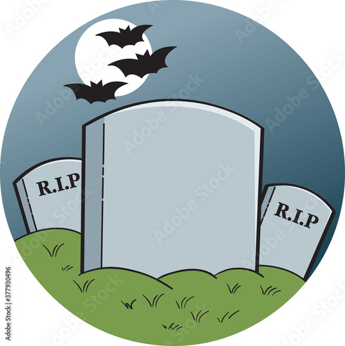 Cartoon illustration of three gravestones in a graveyard under a full moon with flying bats.