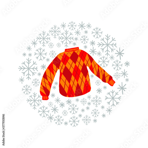 knitted sweater in snowfall round frame