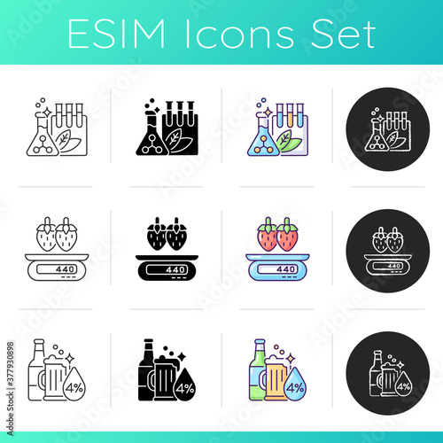 Foodstuff icons set. Chemical conservartive for food. Strawberry calorie count. Artificial preservative for foodstuff. Linear, black and RGB color styles. Isolated vector illustrations