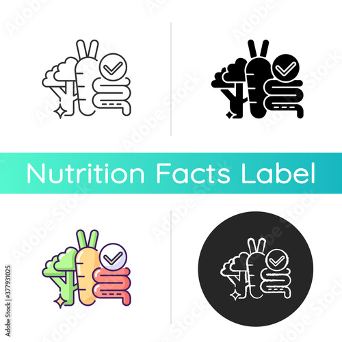 Fibre icon. Food group for healthy eating. Vegetables for digestion. Vitamin in roots. Broccoli, carrot for gut digestion. Body care. Linear black and RGB color styles. Isolated vector illustrations