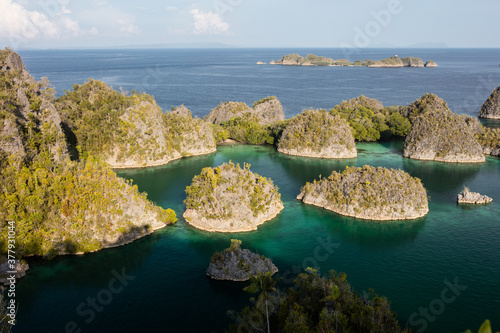 Highly eroded limestone islands rise from the beautiful seascape in Raja Ampat, Indonesia. This region is riddled with uplifted limestone islands that are surrounded by rich, biodiverse coral reefs.