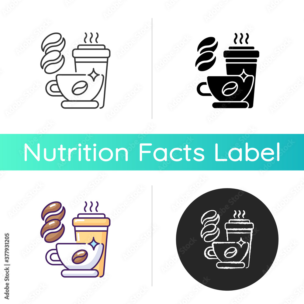 Caffeine icon. Coffee in disposable mug. Restaurant menu. Latte for breakfast. Steam from hot beverage. Dietary, healthy eating. Linear black and RGB color styles. Isolated vector illustrations