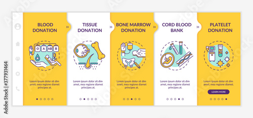 Organ donation onboarding vector template. Medical charity  healthcare service. Transplantation procedures responsive mobile website with icons. Webpage walkthrough step screens. RGB color concept