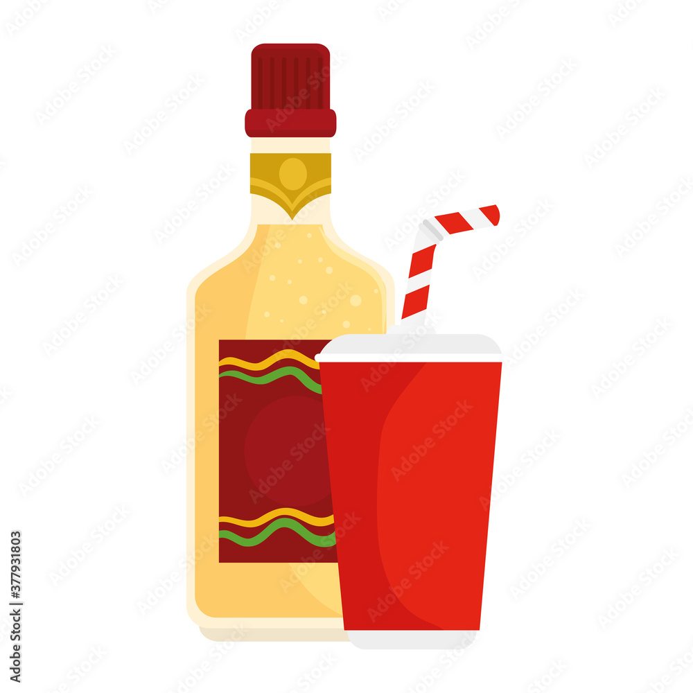 bottle of tequila and paper cup with straw on white background vector illustration design
