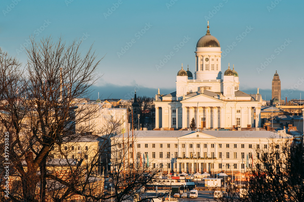 Finland, Helsinki. Top View Of Helsinki Cathedral And City Hall In Sunny Day. Famous Dome Landmark