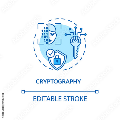 Cryptography concept icon. Secure communications techniques idea thin line illustration. Encryption. Secret-key, public key, hash function. Vector isolated outline RGB color drawing. Editable stroke