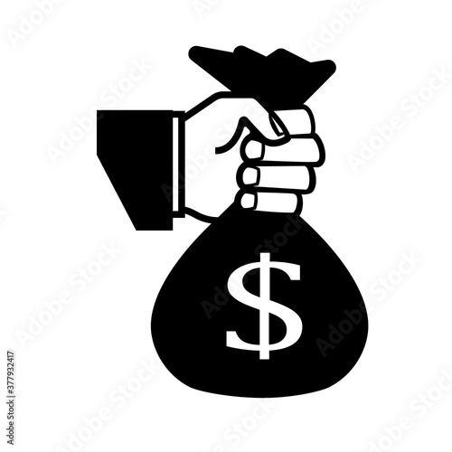 Hand holding money bag silhouette icon. Clipart image isolated on white background