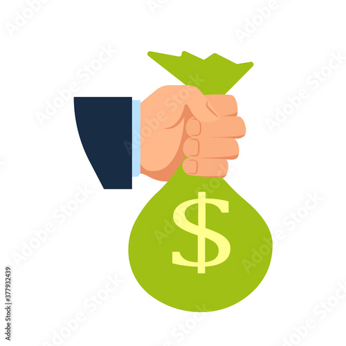 Hand holding money bag icon. Clipart image isolated on white background.