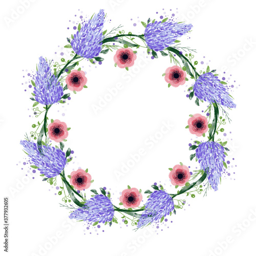 Wreath with elegant violet  and red flowers