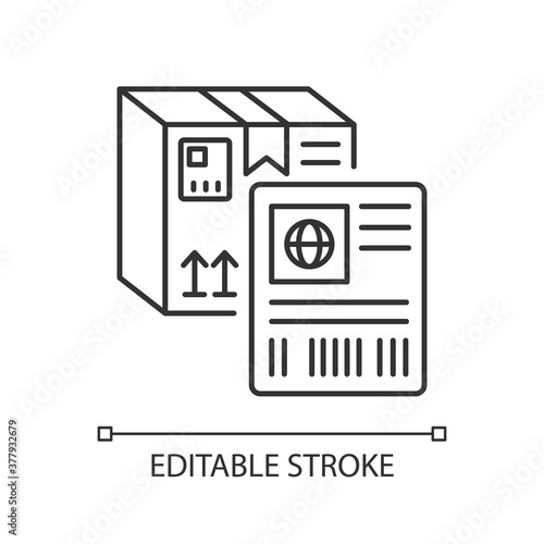 Shipping label linear icon. Postal service, commercial shipment ID thin line customizable illustration. Cardboard box contour symbol. Vector isolated outline drawing. Editable stroke