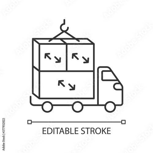 Oversized cargo linear icon. Freight trucking, commercial shipping thin line customizable illustration. Truck with containers contour symbol. Vector isolated outline drawing. Editable stroke