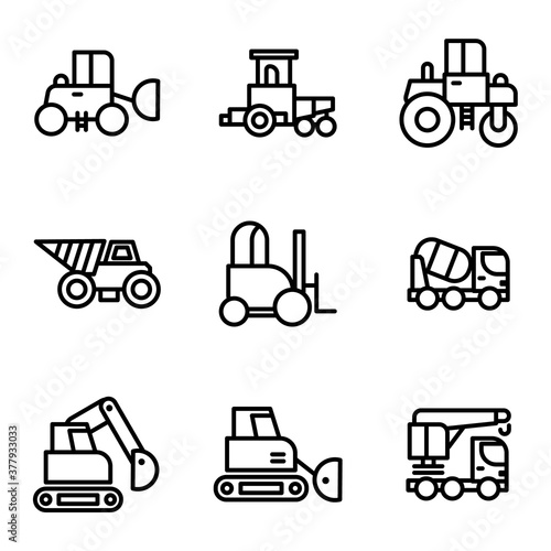 simple set of transport and construction equipment illustration line icons. Contains such icons machines for building, mining, agricultural work.