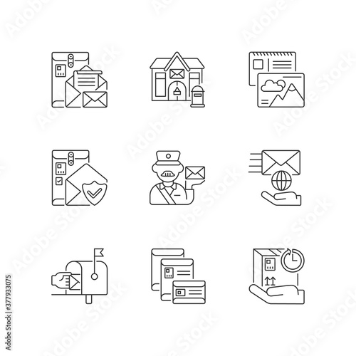 Post office linear icons set. Professional postal services, correspondence and parcels transportation customizable thin line contour symbols. Isolated vector outline illustrations. Editable stroke