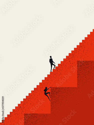 Business gender inequality vector concept with businessman and businesswoman on different stairs. Career opportunities.