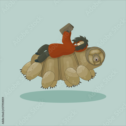 Cartoon vector Human in winter or autumn coat is lying on their back and reading a book on tardigrade on blue background. Happy moss Piglet is jumping and swimming underwater