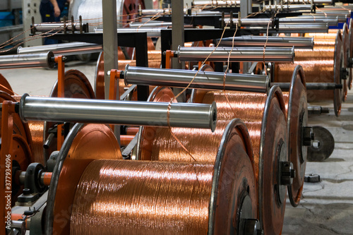 Production of copper wire, bronze cable in reels at factory