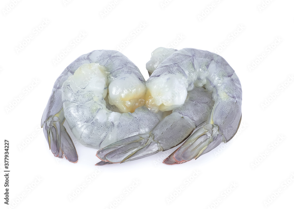 Peeled white tiger shrimp isolated on white background. Stock Photo