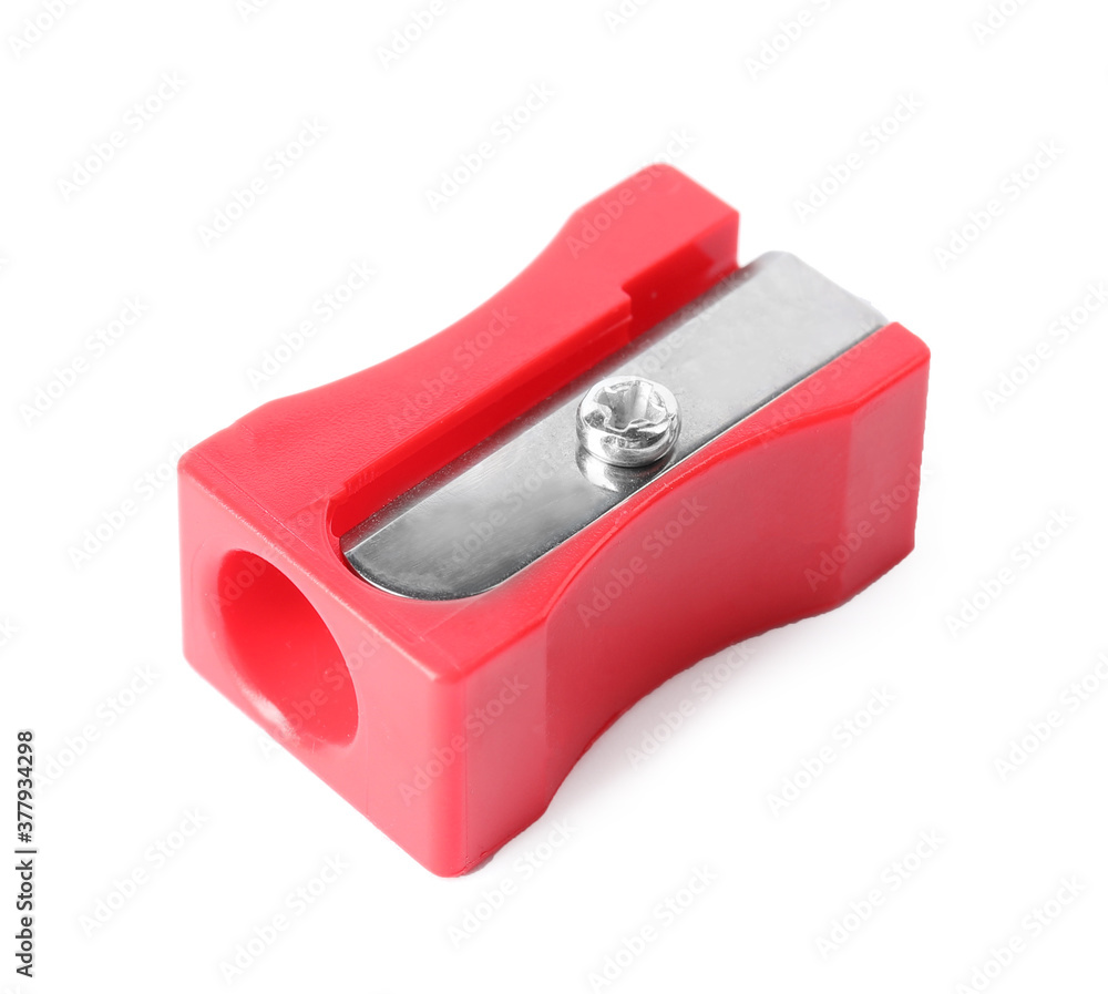 Bright red pencil sharpener isolated on white. School stationery Bright red pencil sharpener isolated on white. School stationery