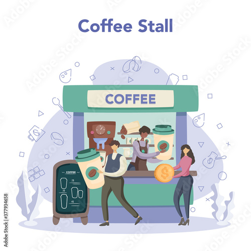 Barista concept. Street coffee stall. Energetic tasty beverage