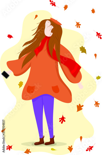 Woman walking in windy fall with leaves, hat, scarf, phone, leaves blowing flat vector