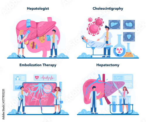 Hepatologist concept set. Doctor make liver examination, hepatectomy