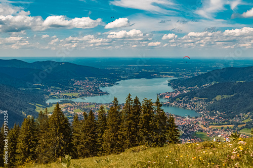 Beautiful far view of the famous Tegernsee seen at the Wallberg, Bavaria, Germany