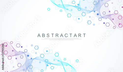 Molecular structure background. Science template wallpaper or banner with a DNA molecules. Asbtract scientific molecule background. Wave flow, innovation pattern. Vector illustration.