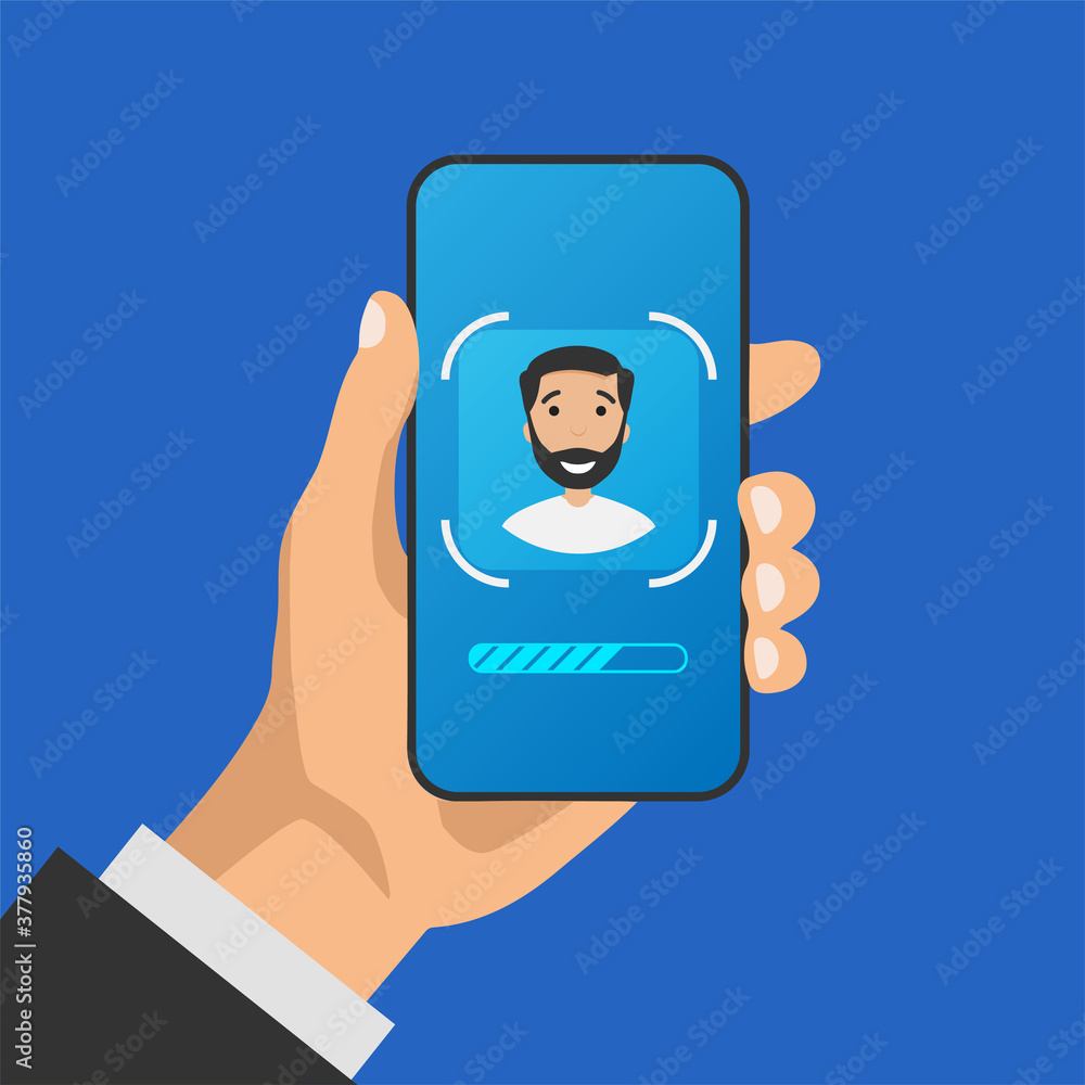 Hand holds phone with face id technology on display. Face scanning process on a screen. Facial recognition system signs. Detection and access security symbols. Vector illustration.