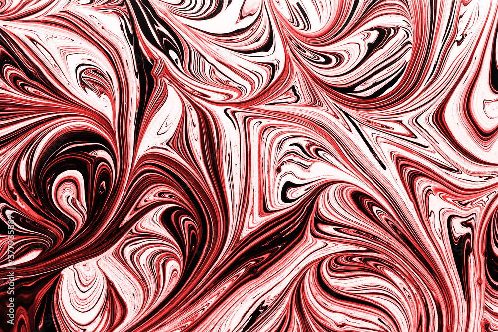 Paint leak background. Artistic swirl shape texture. Red, black ...