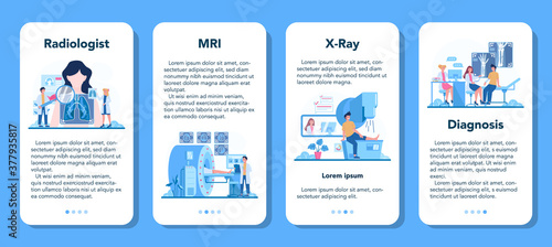 Radiologist mobile application banner set. Doctor examing X-ray