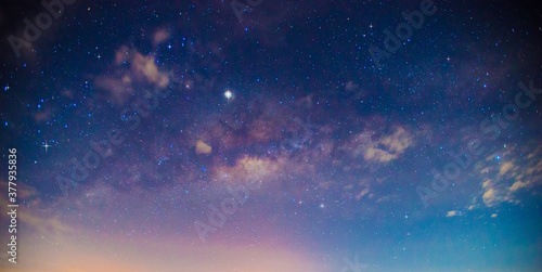 Amazing Panorama blue night sky milky way and star on dark background.Universe filled with stars  nebula and galaxy with noise and grain.Photo by long exposure and select white balance.selection focus