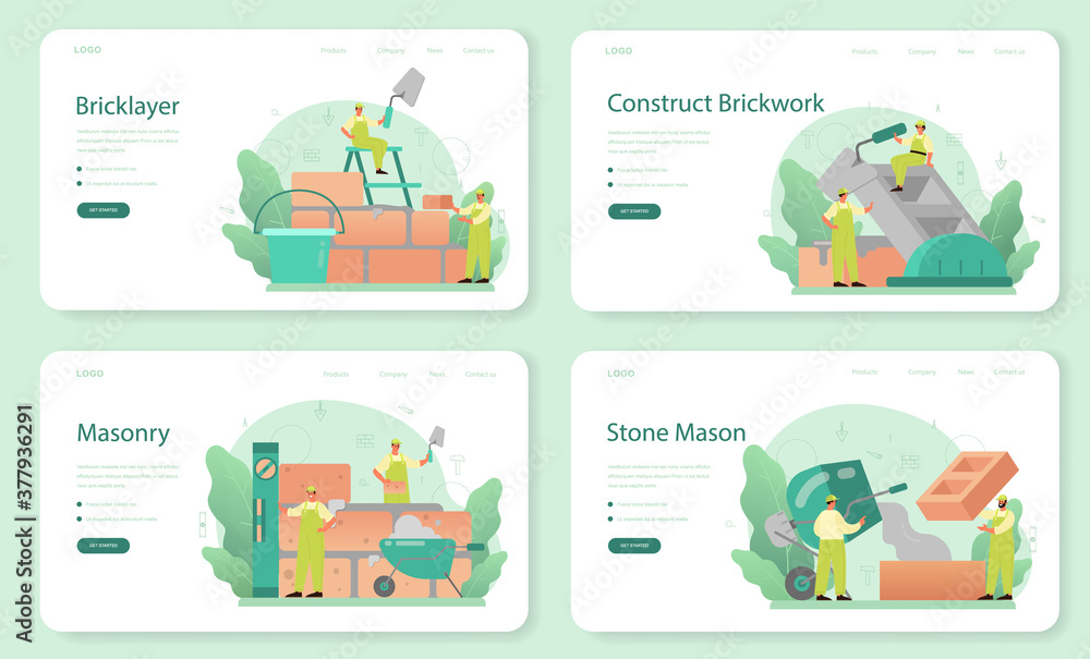 Bricklayer web banner or landing page set. Professional builder