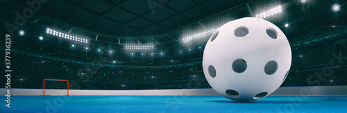 Sport indoor arena with white floorball ball on the blue floor as widescreen background. Digital 3D illustration of sport building interior. photo