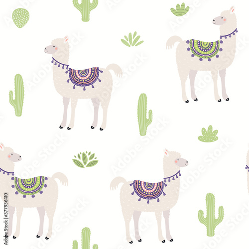 Cute llama and cactus seamless pattern, animals and plants on a white background. Hand drawn vector illustration. Scandinavian style flat design. Concept for kids textile print, wallpaper, packaging.