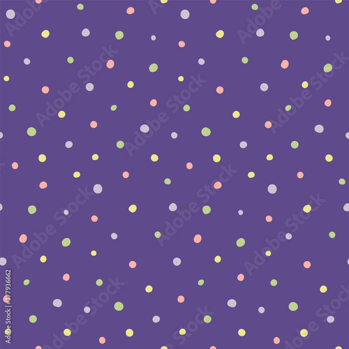 Seamless geometric pattern with pink  yellow  green polka dots on violet background. Hand drawn vector illustration. Scandinavian style flat design. Concept kids textile print  wallpaper  packaging.