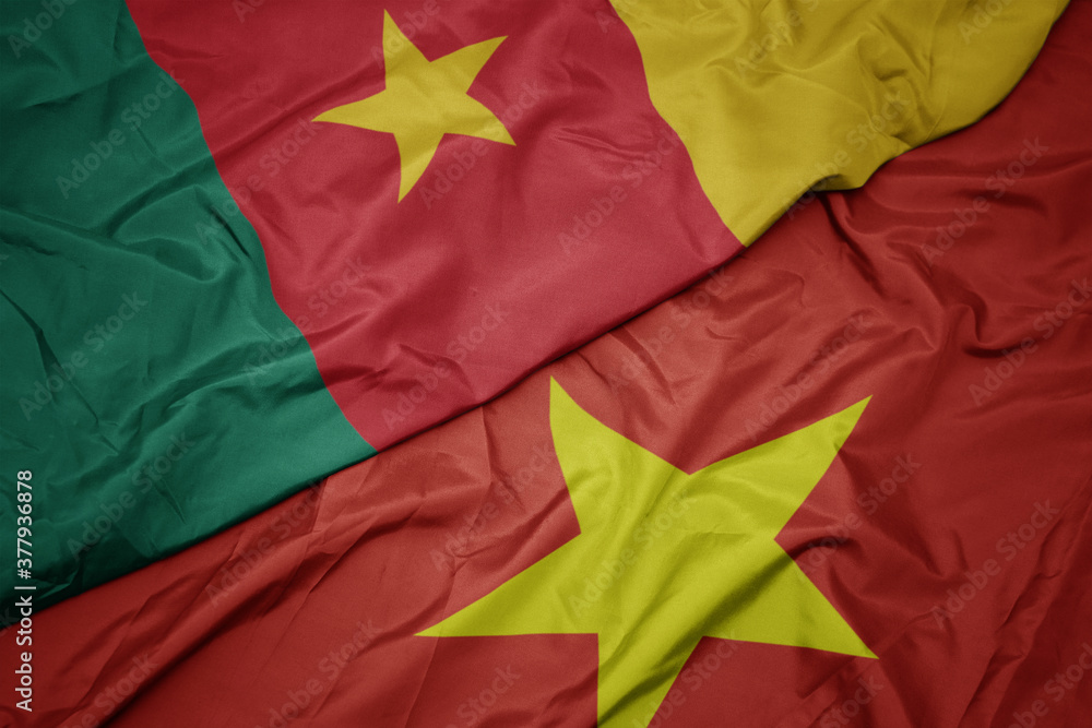 waving colorful flag of vietnam and national flag of cameroon. waving colorful flag of vietnam and national flag of cameroon.